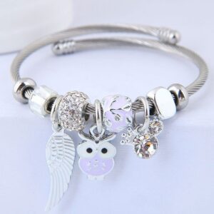 Owl and Angel Wings Charm Beaded Stainless Steel Bracelet