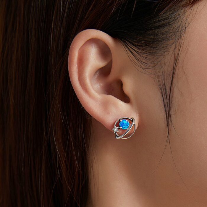 Blue Opal Elegance Sterling Silver Women’s Hollow Earrings