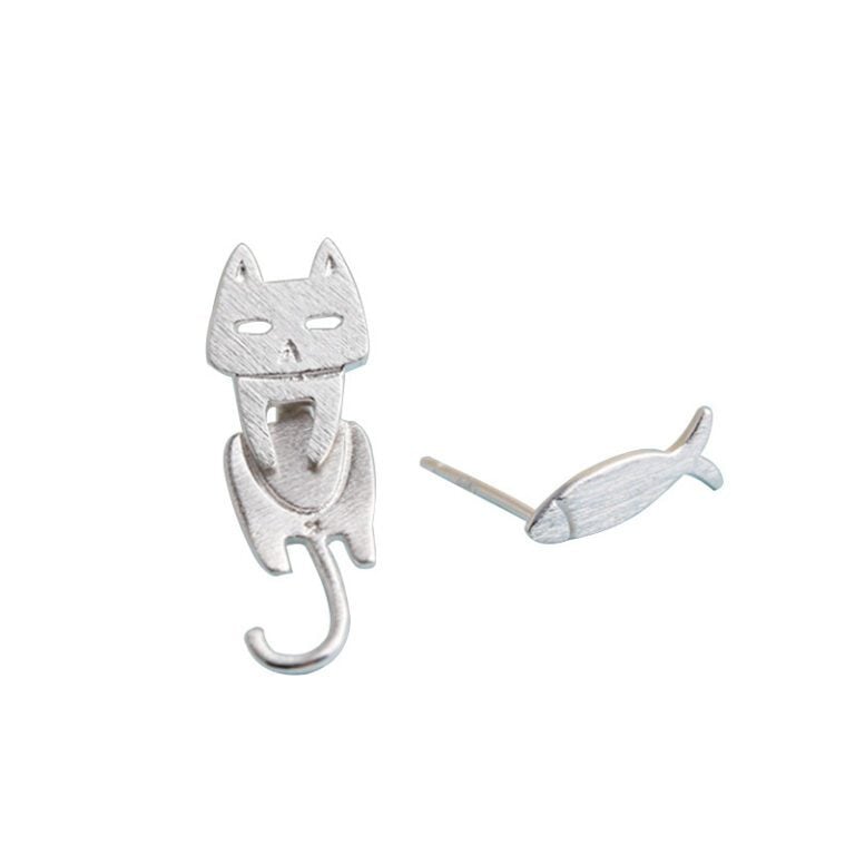 Whimsical Comet Cat-Fish S925 Sterling Silver Detachable Cat Fish Pin Stud Earrings