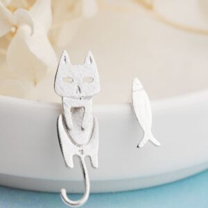 Whimsical Comet Cat-Fish S925 Sterling Silver Detachable Cat Fish Pin Stud Earrings