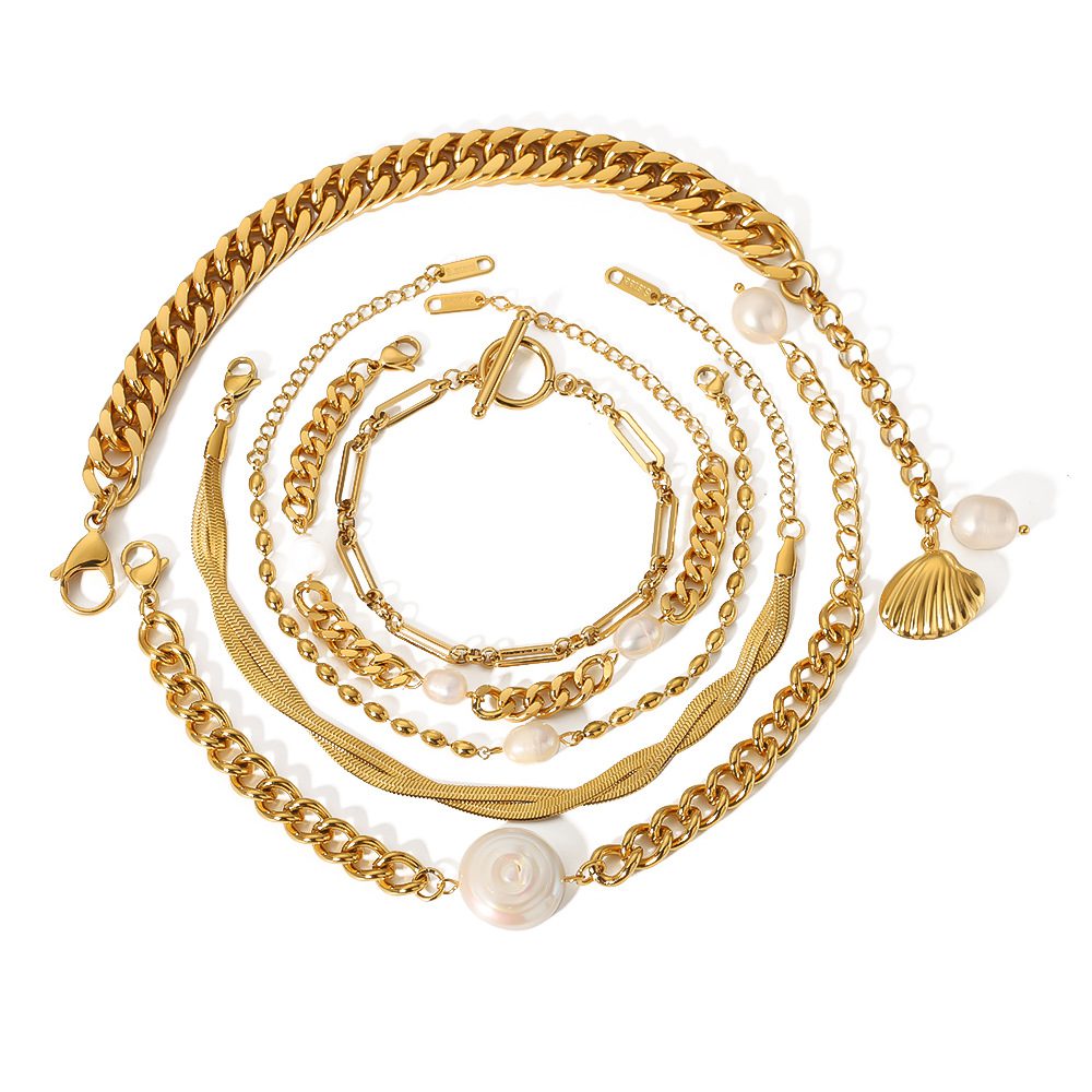 Gold-Plated Shell OT Buckle Cross Bracelet with Cuban Chain
