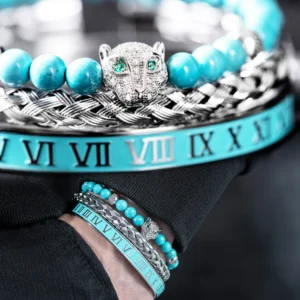 3-piece Handmade Braiding Hip Hop Men’s Bracelet Set with Pave CZ Leopard Head and Roman Numerals