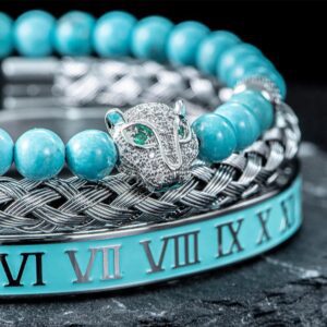 3-piece Handmade Braiding Hip Hop Men’s Bracelet Set with Pave CZ Leopard Head and Roman Numerals