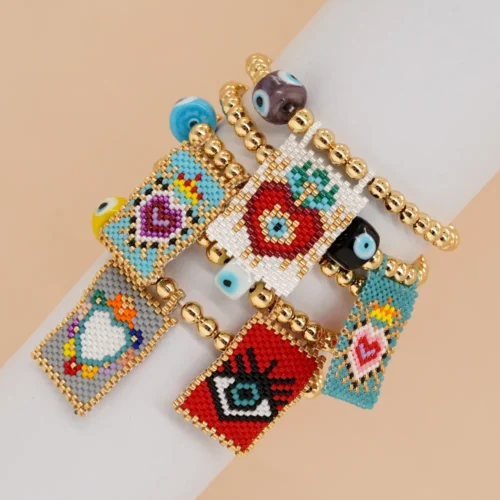 Boho Handmade Bracelet - Handmade Gold Plated Ball Beaded Stretch Bracelet with Evil Eye Beads - Image 2