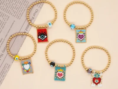 Boho Handmade Bracelet - Handmade Gold Plated Ball Beaded Stretch Bracelet with Evil Eye Beads