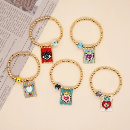 Boho Handmade Bracelet - Handmade Gold Plated Ball Beaded Stretch Bracelet with Evil Eye Beads