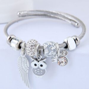 Owl and Angel Wings Charm Beaded Stainless Steel Bracelet