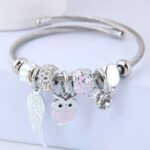 Owl and Angel Wings Charm Beaded Stainless Steel Bracelet