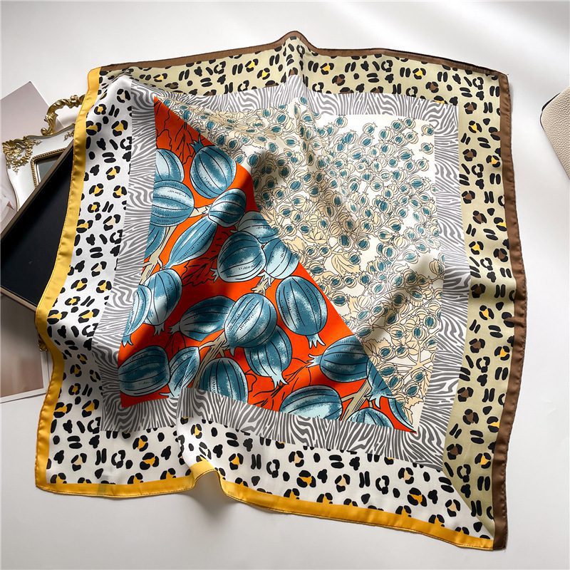 Leopard Print Pomegranate Color-Blocking Flower Silk Women’s Square Scarf