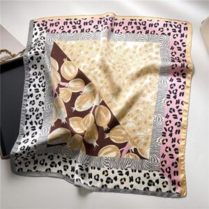 Leopard Print Pomegranate Color-Blocking Flower Silk Women’s Square Scarf