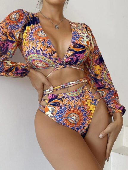 Ethnic Printed Long Sleeve Bikini Set with Mesh Detail for Women
