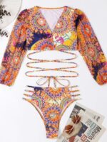 Ethnic Printed Long Sleeve Bikini Set with Mesh Detail for Women