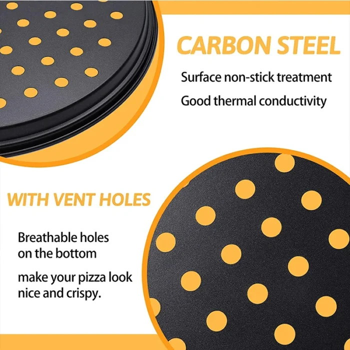 Round Deep Dish Pizza Baking Pan – Nonstick Carbon Steel Pizza Crisper Tray with Holes for Perfectly Crispy Crusts