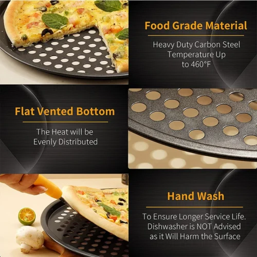 Round Deep Dish Pizza Baking Pan - Nonstick Carbon Steel Crisper Tray