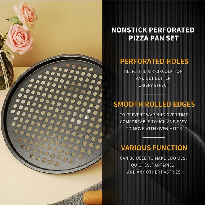 Round Deep Dish Pizza Baking Pan – Nonstick Carbon Steel Pizza Crisper Tray with Holes for Perfectly Crispy Crusts