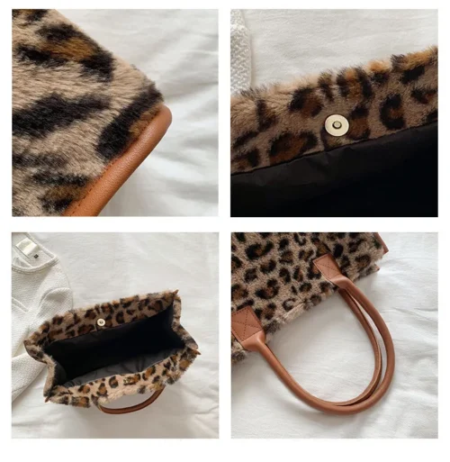 Fashion Animal Print PU Leather Small Handbag with Plush Design for Women