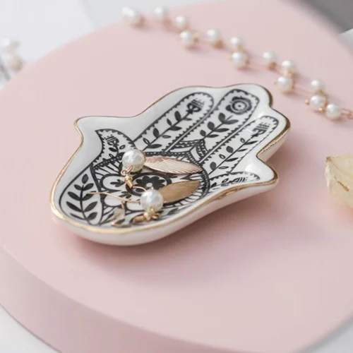 Cactus Flower Hand Ceramic Trinket Dish - Decorative Jewelry Storage Tray and Vanity Organizer