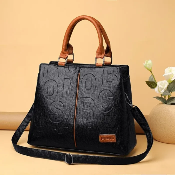 Large Capacity Soft Leather Bag with Embossed Letter Detail - A Fashionable Shoulder Bag Choice