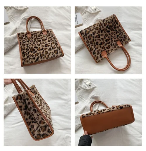 Fashion Animal Print PU Leather Small Handbag with Plush Design for Women