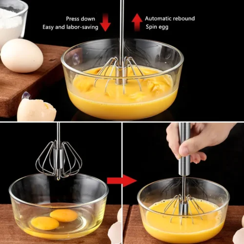 Stainless Steel Semi Automatic Egg Beater Whisk - Manual Rotating Kitchen Tool for Mixing Batter and Cream
