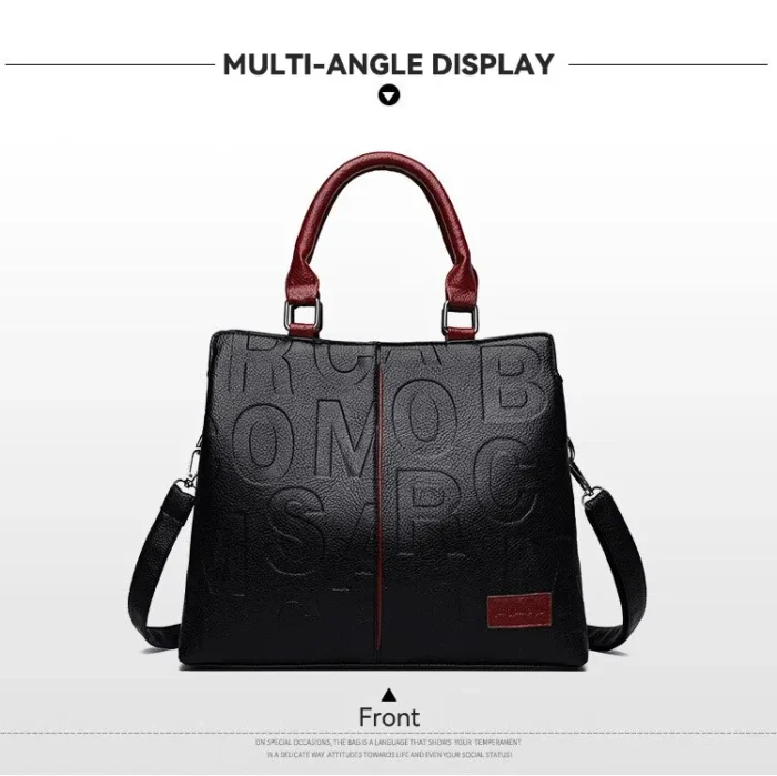 Large Capacity Soft Leather Bag with Embossed Letter Detail - A Fashionable Shoulder Bag Choice