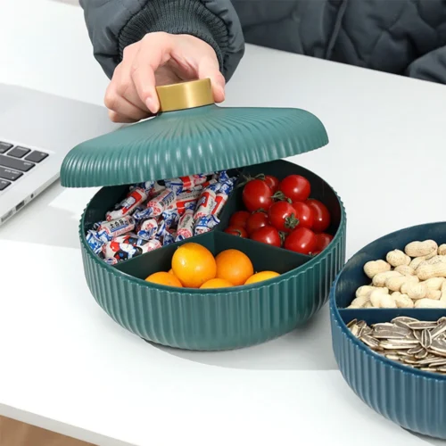 Four Compartment Snack Tray with Lid for Fruits, Nuts, Candy, and Food Storage