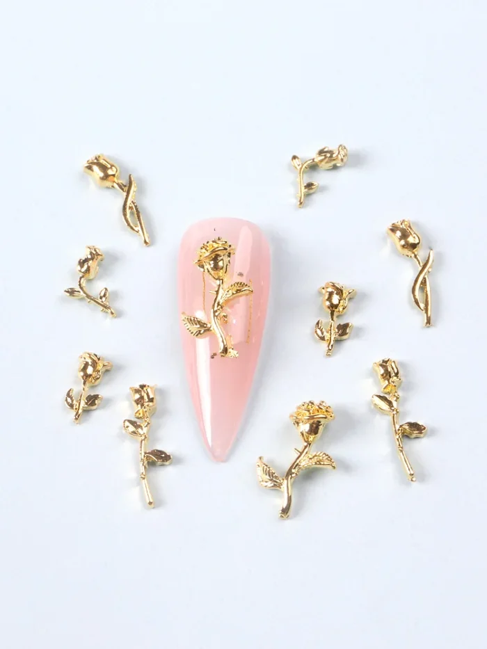10Pcs Vintage Rose Metal Flowers for Nail Charms: Gold Alloy Punk Style Nail Art Decorations for DIY Nail Designs