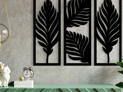 Tropical Leaves Wooden Wall Art - Boho Black Plaque Line Art Decor for Home, Living Room, Bedroom, and Salon