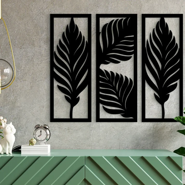 Tropical Leaves Wooden Wall Art - Boho Black Plaque Line Art Decor for Home, Living Room, Bedroom, and Salon