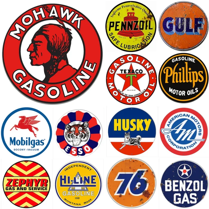 Round Metal Tin Signs – Mohawk, Gulf, Pennzoil, Husky Motor Oil Gasoline Wall Decor for Garage, Gas Station, Bar, Cafe, Man Cave, Retro Wall Decor