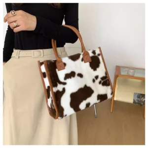 Fashion Animal Print PU Leather Small Handbag with Plush Design for Women