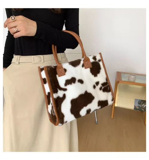 Fashion Animal Print PU Leather Small Handbag with Plush Design for Women