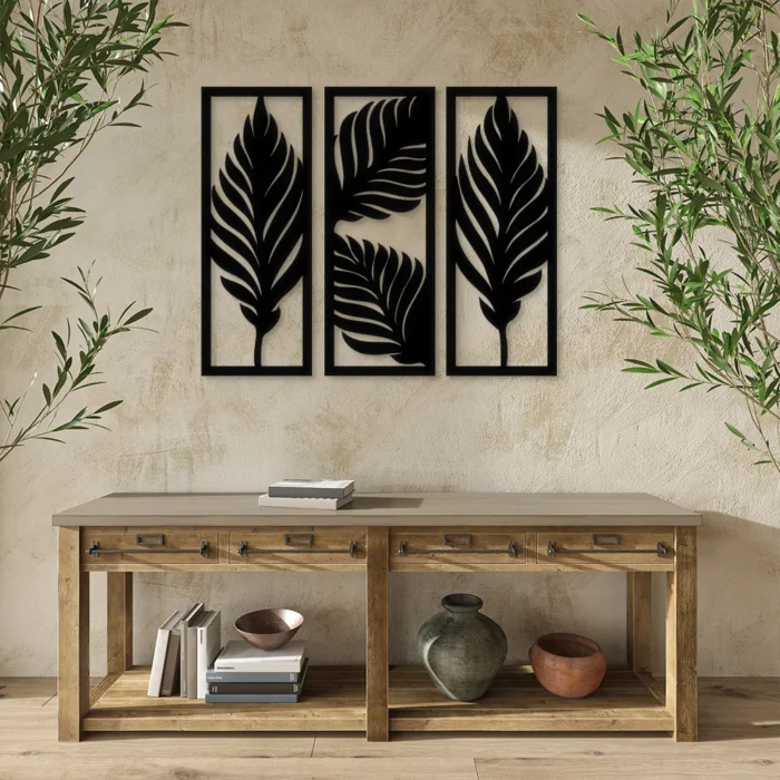 Tropical Leaves Wooden Wall Art - Boho Black Plaque Line Art Decor for Home, Living Room, Bedroom, and Salon