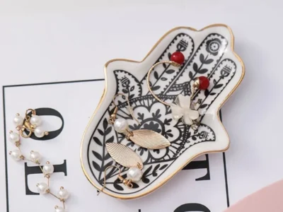 Cactus Flower Hand Ceramic Trinket Dish - Decorative Jewelry Storage Tray and Vanity Organizer