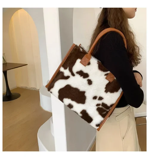 Fashion Animal Print PU Leather Small Handbag with Plush Design for Women