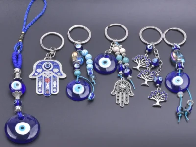 1Pc Vintage Fatima Hamsa Hand Pendant Women Key Chain Bule Glass Round Lucky Amulet Turkish Evil Eye Tassel Keyring Jewelry Bulk