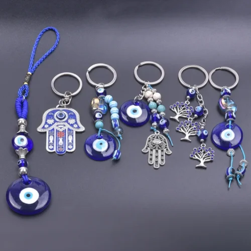 1Pc Vintage Fatima Hamsa Hand Pendant Women Key Chain Bule Glass Round Lucky Amulet Turkish Evil Eye Tassel Keyring Jewelry Bulk