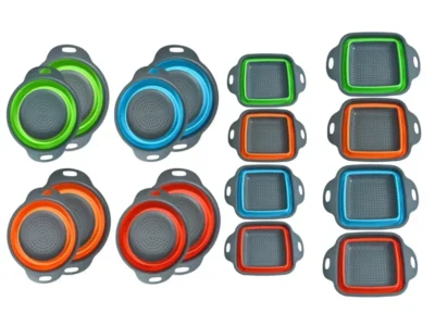 Round and Square Collapsible Colanders - Folding Fruit and Vegetable Strainers with Handles
