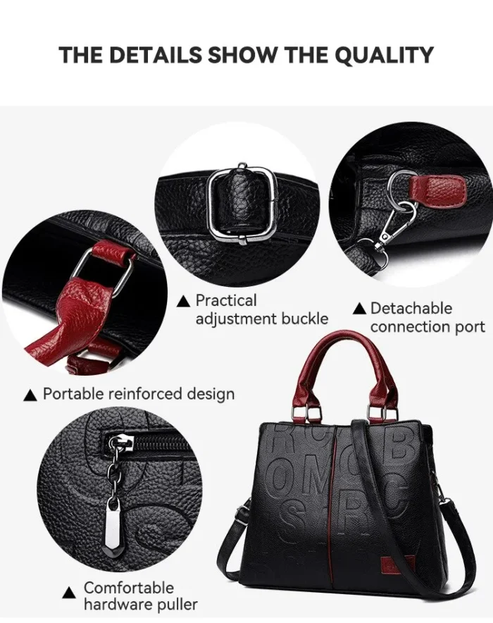 Large Capacity Soft Leather Bag with Embossed Letter Detail - A Fashionable Shoulder Bag Choice