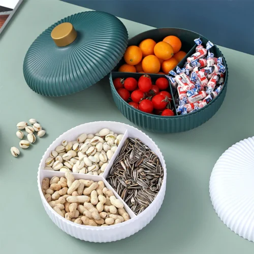 Four Compartment Snack Tray with Lid for Fruits, Nuts, Candy, and Food Storage