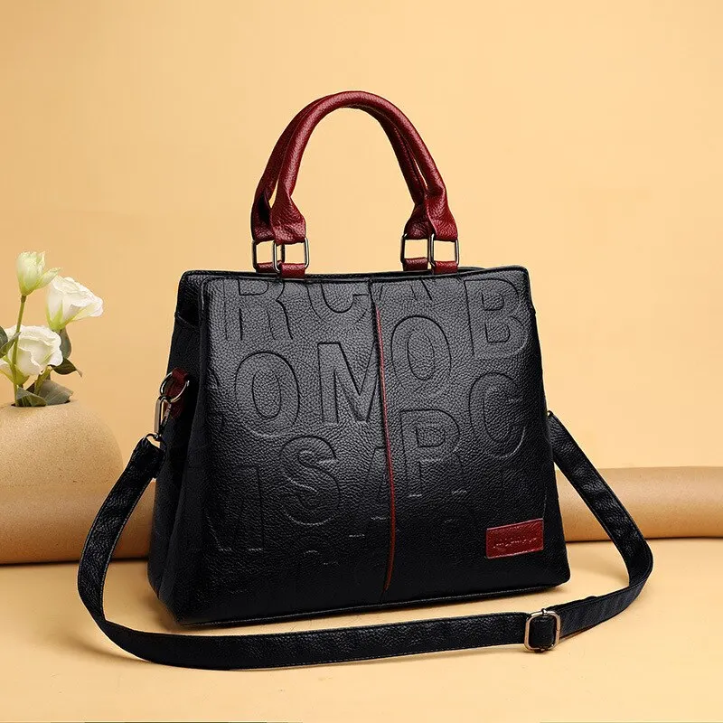 Large Capacity Soft Leather Bag with Embossed Letter Detail - A Fashionable Shoulder Bag Choice