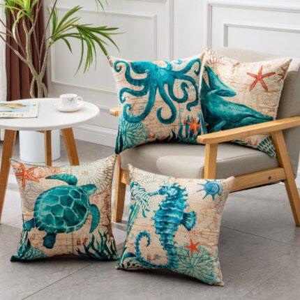 Sea Inspired Printed Cushion Covers – Decorative Throw Pillow Cases for Home Décor, Sofa, Chair, and Seat