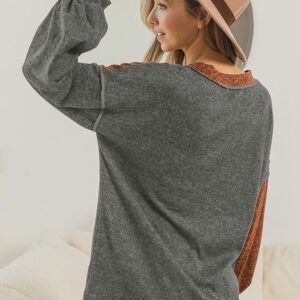 Brown Color Block Patchwork Pullover with Relaxed V-Neck