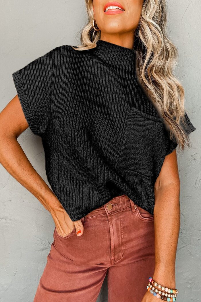Chic Black Ribbed Knit Sweater with Short Sleeves and Patch Pockets