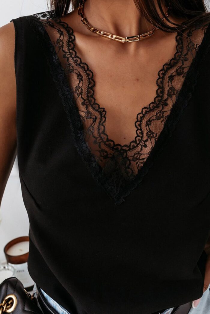 Black V-Neck Tank Top with Elegant Lace Splicing and Open Back