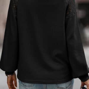 Black Textured Pullover with Delicate Lace Long Sleeves