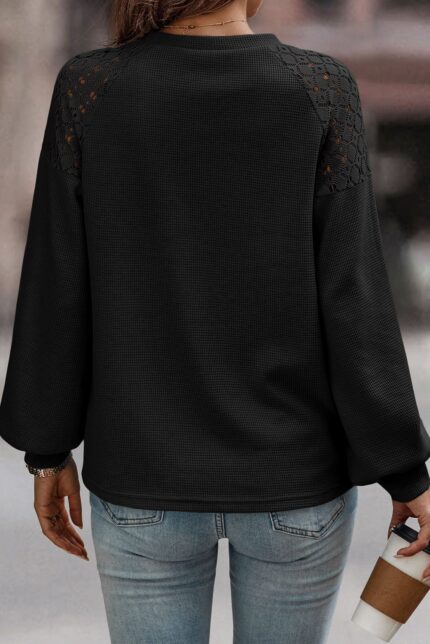 Black Textured Pullover with Delicate Lace Long Sleeves
