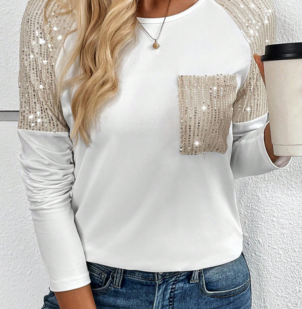 White Raglan Sleeve Top with Sequin Patch Chest Pocket - A Touch of Sparkle