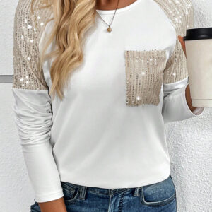 White Raglan Sleeve Top with Sequin Patch Chest Pocket - A Touch of Sparkle