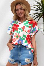 Blooming Elegance-V-Neck Blouse with Floral Chest Pocket